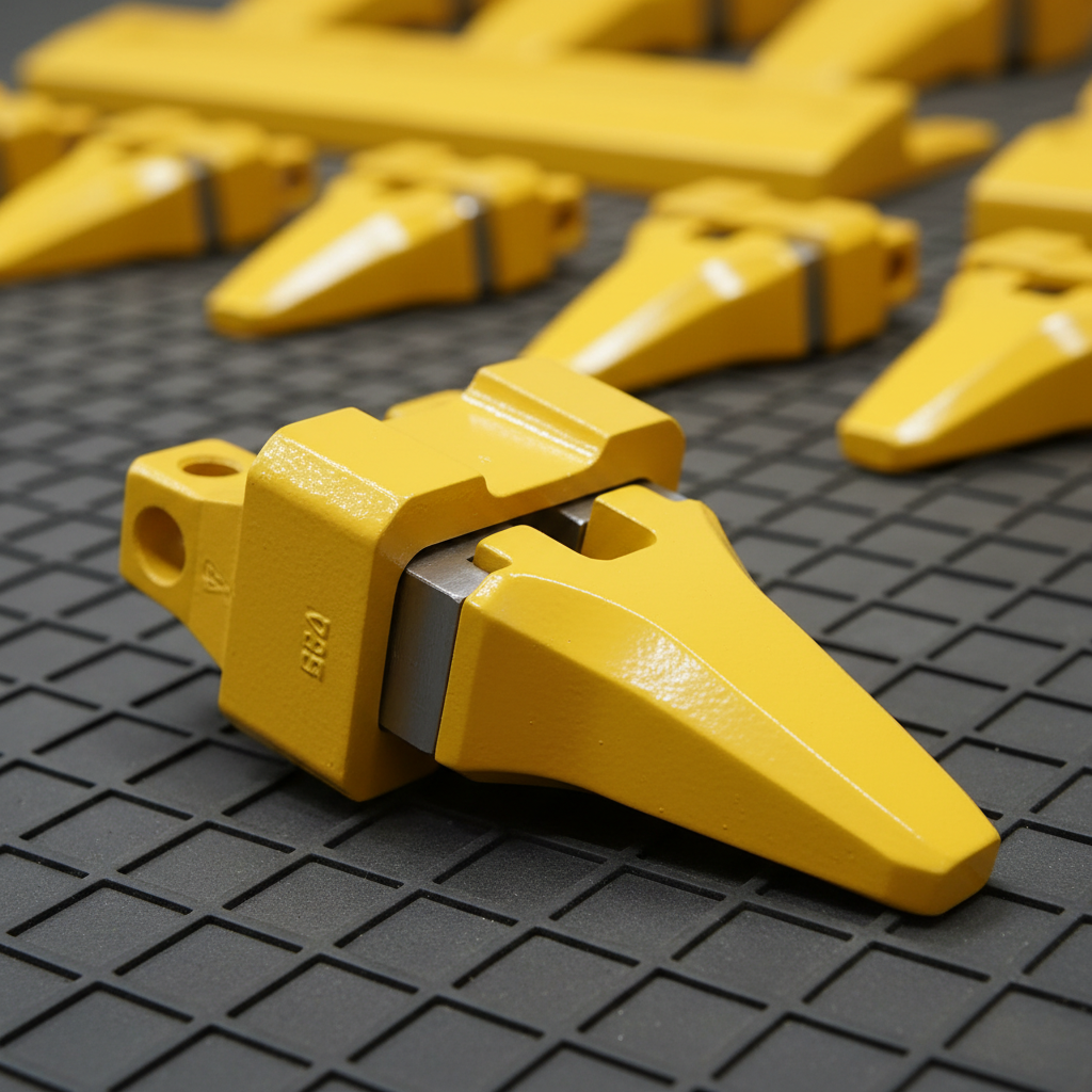 A close-up, photographic view of a brand-new excavator bucket tooth and adapter set, coated in bright industrial yellow enamel with sharp, defined edges and clean casting marks. The parts rest on a dark, slightly textured rubber workbench mat, with other blurred bucket teeth and cutting edges in the background to suggest variety. Directional studio lighting from the upper left creates strong highlights on the enamel and soft reflections along the metal contact surfaces, emphasizing quality and durability. Captured from a slightly elevated angle with shallow depth of field, the main tooth is in razor-sharp focus while the background softly blurs, creating a professional, product-focused mood ideal for a featured product section.