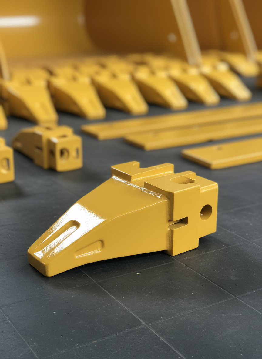 A close-up, photographic view of a brand-new excavator bucket tooth and adapter set, coated in bright industrial yellow enamel with sharp, defined edges and clean casting marks. The parts rest on a dark, slightly textured rubber workbench mat, with other blurred bucket teeth and cutting edges in the background to suggest variety. Directional studio lighting from the upper left creates strong highlights on the enamel and soft reflections along the metal contact surfaces, emphasizing quality and durability. Captured from a slightly elevated angle with shallow depth of field, the main tooth is in razor-sharp focus while the background softly blurs, creating a professional, product-focused mood ideal for a featured product section.