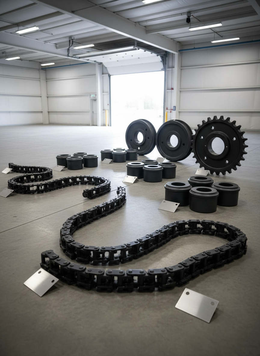 An assortment of excavator undercarriage parts laid out in a precise, technical arrangement on a smooth concrete floor: heavy-duty track chains, rollers, idlers, and sprockets in industrial black and dark steel gray. Small, blank metallic tags sit near each group, hinting at specifications and pricing without any visible text. Overhead warehouse lighting combined with diffused side lighting from a large open bay door creates balanced illumination, with soft shadows that define each component’s shape. Shot from a slightly elevated, three-quarter angle with sharp focus across the frame, the composition feels organized and methodical, reinforcing a professional, engineering-oriented brand image for an undercarriage category page.