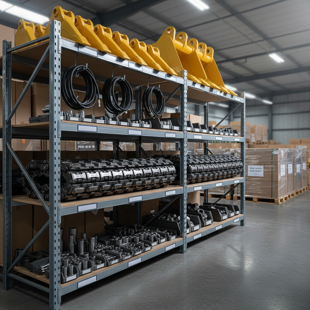 A clean, well-organized display of heavy excavator spare parts arranged on sturdy steel shelving in a modern warehouse. Large yellow bucket teeth, black hydraulic hoses, robust track chains, and precision-engineered pins and bushings are neatly grouped with small blank label plates beneath them, suggesting product names and specs without visible text. Soft studio-style lighting from above and the side creates crisp highlights on metal surfaces and subtle shadows on the floor. Shot at eye level with sharp focus throughout, the background fades into tidy rows of pallets and crates, conveying readiness for nationwide delivery across Thailand. The photographic realism and neutral gray tones create a professional, trustworthy atmosphere for a parts catalog homepage.