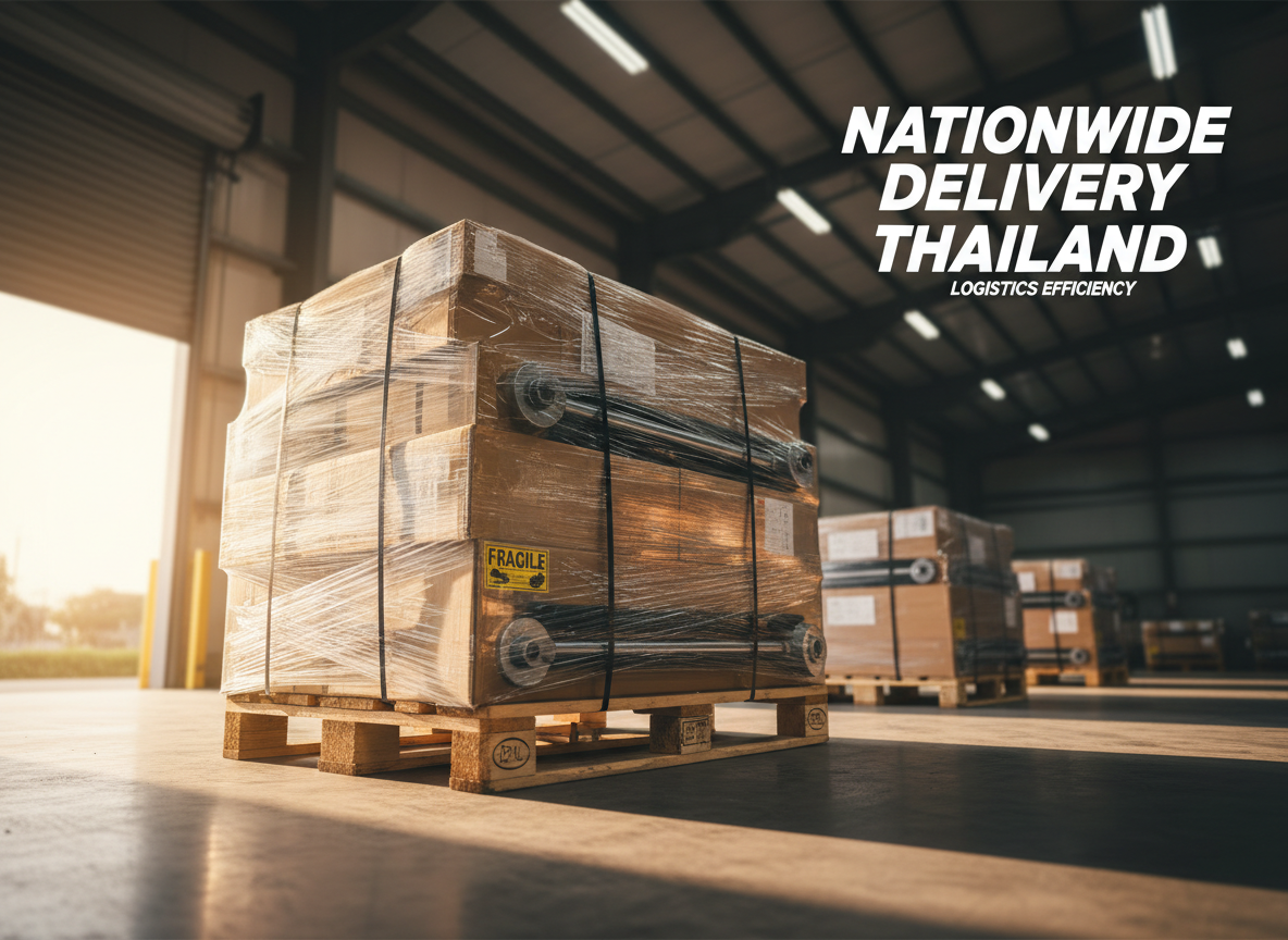 A sturdy wooden pallet stacked neatly with boxed and shrink-wrapped excavator spare parts, including visible metal hydraulic cylinders and hoses peeking out, ready for shipping. The pallet stands in the center of a spacious warehouse loading area, with multiple similar pallets softly blurred in the background to suggest high stock and fast, nationwide delivery across Thailand. Warm afternoon light streams in from a high warehouse door, combining with overhead industrial lamps to cast gentle, elongated shadows and golden highlights on the wrapping and metal surfaces. Framed using the rule of thirds from a low, slightly angled perspective, the image evokes reliability, logistics efficiency, and professional service for a delivery information section.