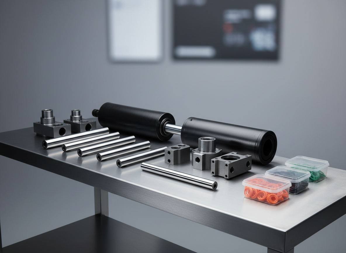 A modern, minimalistic steel workbench with a selection of excavator hydraulic components laid out for inspection: gleaming chrome piston rods, black hydraulic cylinders, precision valves, and sealed O-ring kits in small transparent containers. Behind the bench, a neutral gray background features faint, out-of-focus shapes resembling panels or forms, hinting at online inquiry and ordering without readable text. Soft, even studio lighting eliminates harsh shadows, allowing fine details and finishes to stand out. Shot at eye level with a mild shallow depth of field, the central components are crisply defined while the background remains smooth and unobtrusive. The overall photographic realism and clean composition communicate technical expertise, quality assurance, and a professional, trustworthy brand suitable for a contact or quote-request page.