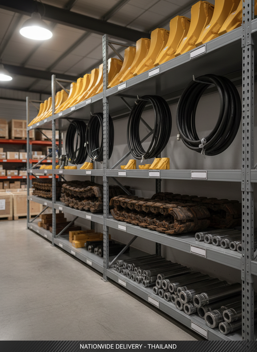 A clean, well-organized display of heavy excavator spare parts arranged on sturdy steel shelving in a modern warehouse. Large yellow bucket teeth, black hydraulic hoses, robust track chains, and precision-engineered pins and bushings are neatly grouped with small blank label plates beneath them, suggesting product names and specs without visible text. Soft studio-style lighting from above and the side creates crisp highlights on metal surfaces and subtle shadows on the floor. Shot at eye level with sharp focus throughout, the background fades into tidy rows of pallets and crates, conveying readiness for nationwide delivery across Thailand. The photographic realism and neutral gray tones create a professional, trustworthy atmosphere for a parts catalog homepage.